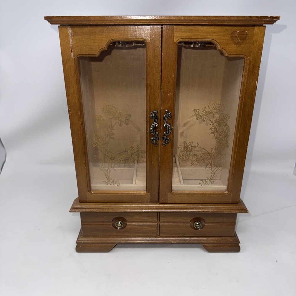 Vintage Wood 2 Door Jewelry Box Armoire Style Cabinet w Mirror Drawer Scuffs
